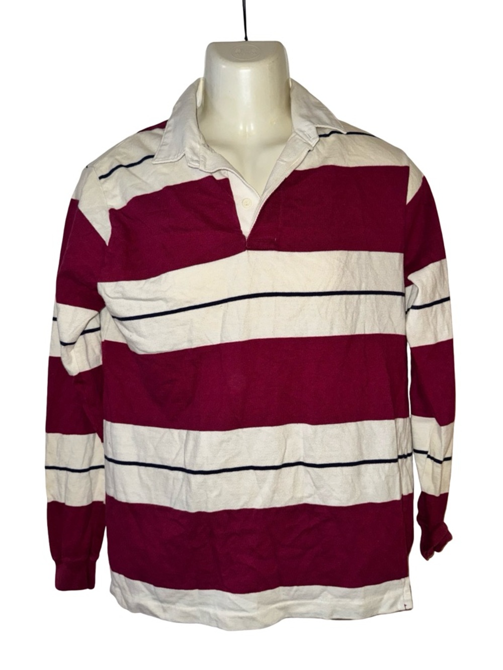 Men's Long Sleeve Rugby Cotton Polo in Maroon and White Stripes